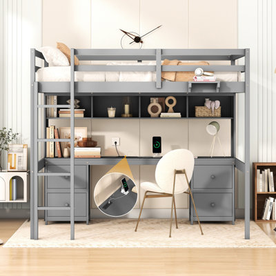 Gray Size Loft Bed With Desk, Generous Storage Areas & Charging Storage, Drawers Port