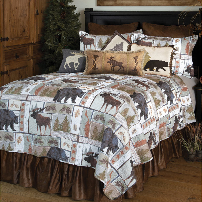 Rustic Brown Microfiber Twin Quilt Set with Wildlife Design