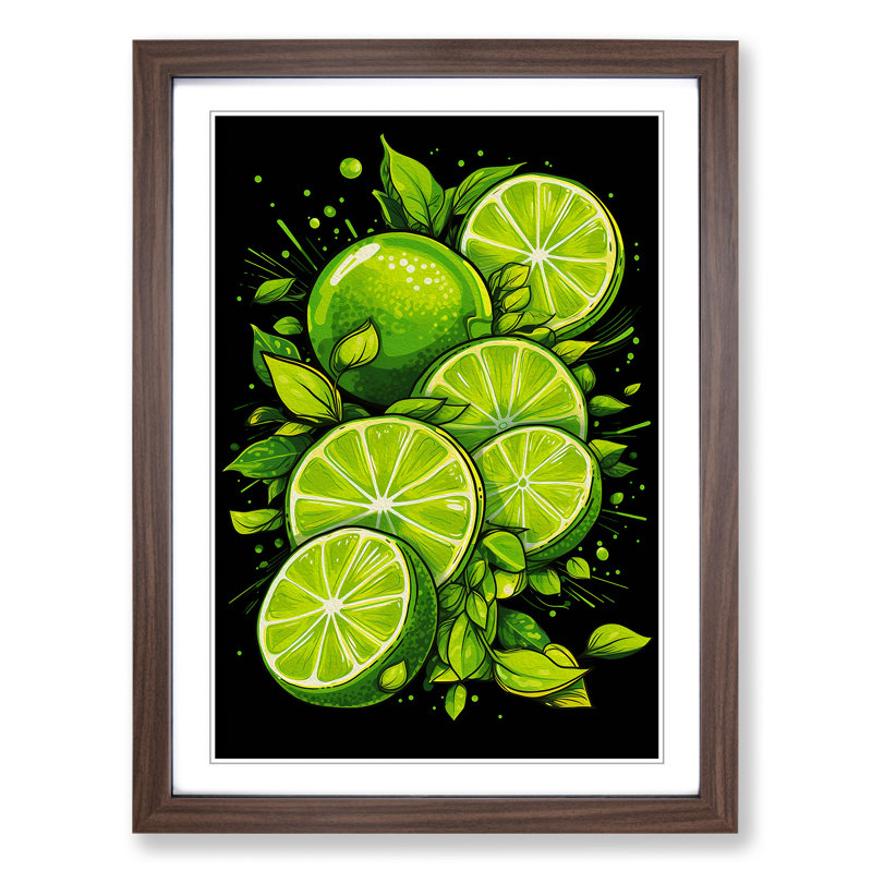 Lime Fruit Line - Single Picture Frame Print on Wood, Walnut Framed, 34cm H x 25cm W x 2cm D