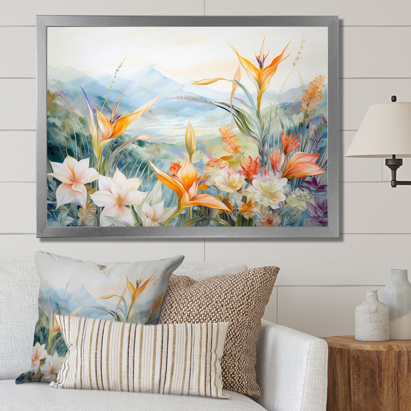 «Birds of Paradise Flowers Mountain», reproduction sur toile, Cadre simple argenté, H 34 po x l 44 po x P 1,5 po
