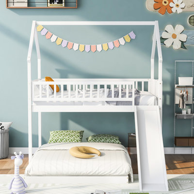 Twin Over Full Bunk Bed With Slide And , White Color, Solid Materials, Full Guardrail House Slide, Resilient Build