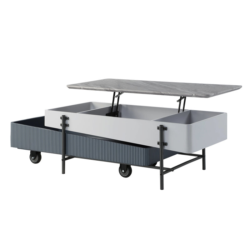 Table basse contemporaine grise et blanche avec mécanisme de levage et système de rangement efficace