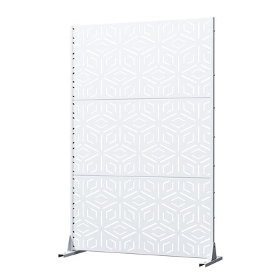 72 H x 47 W x 16 D Inch White Geometric Cutout Freestanding Outdoor Privacy Screen Galvanized Steel Patio Divider for Backyard Balcony Garden