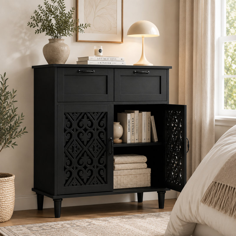 Kitchen Storage Cabinet with Drawers - Accent Cabinet with Carved Door, Floor Sideboard Buffet with Storage, Small Wood Credenza for Living Room, Dining Room, Entryway