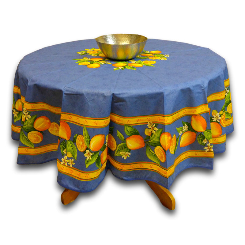 Wipeable Stain Resistant Acrylic Coated Cotton Provencal Lemon Floral Round Tablecloth Collection, Blue