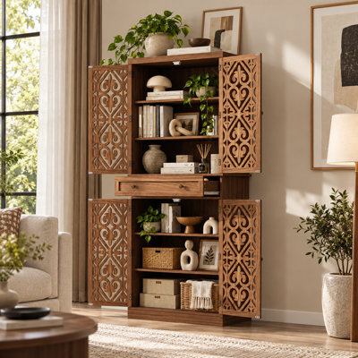 Armoire de rangement sculptée, buffet à 4 portes avec 1 tiroir et 4 tablettes réglables, armoire décorative décorative pour le salon, le vestibule et la salle à manger