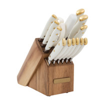  White and Gold Knife Set with Block- 6 PC White and