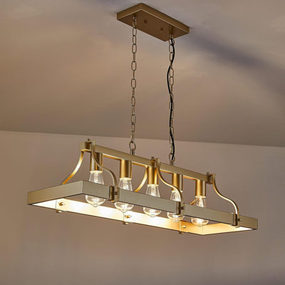 Rustic Farmhouse Chandelier With Wood And Metal Design, 5-Light Linear Ceiling Fixture For Dining Room And Kitchen Island