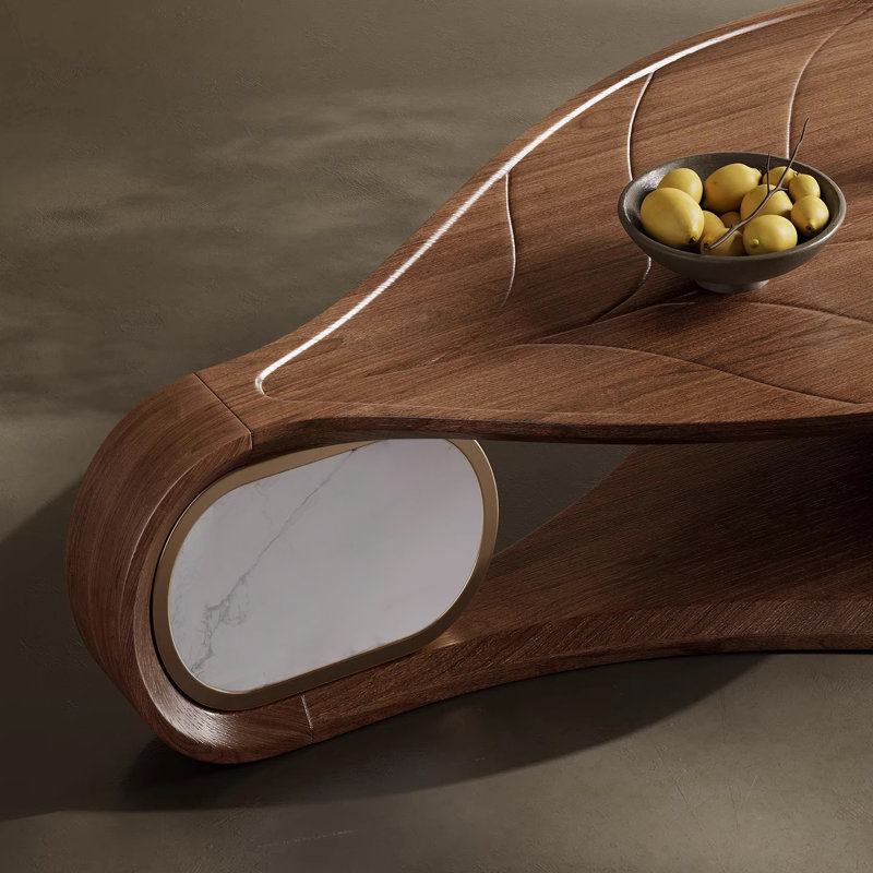 Table basse pré-assemblée en forme de feuille avec placage en noyer et incrustation de pierre