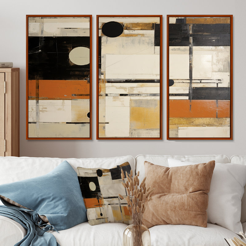 Modernisme orange noir beige - ensemble de décoration murale abstrait, H 28 po x l 36 po x P 1 po, Cadre flottant brun