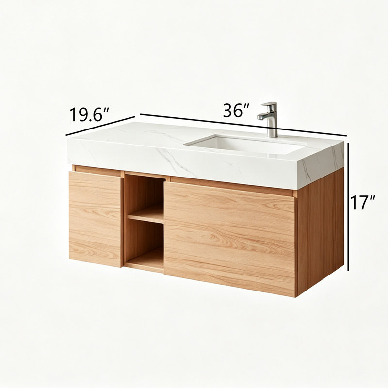 Meuble-lavabo 36 po en noyer avec lavabo, meuble-lavabo simple en bois moderne avec rangement, meuble de salle de bain de conception minimaliste avec drain