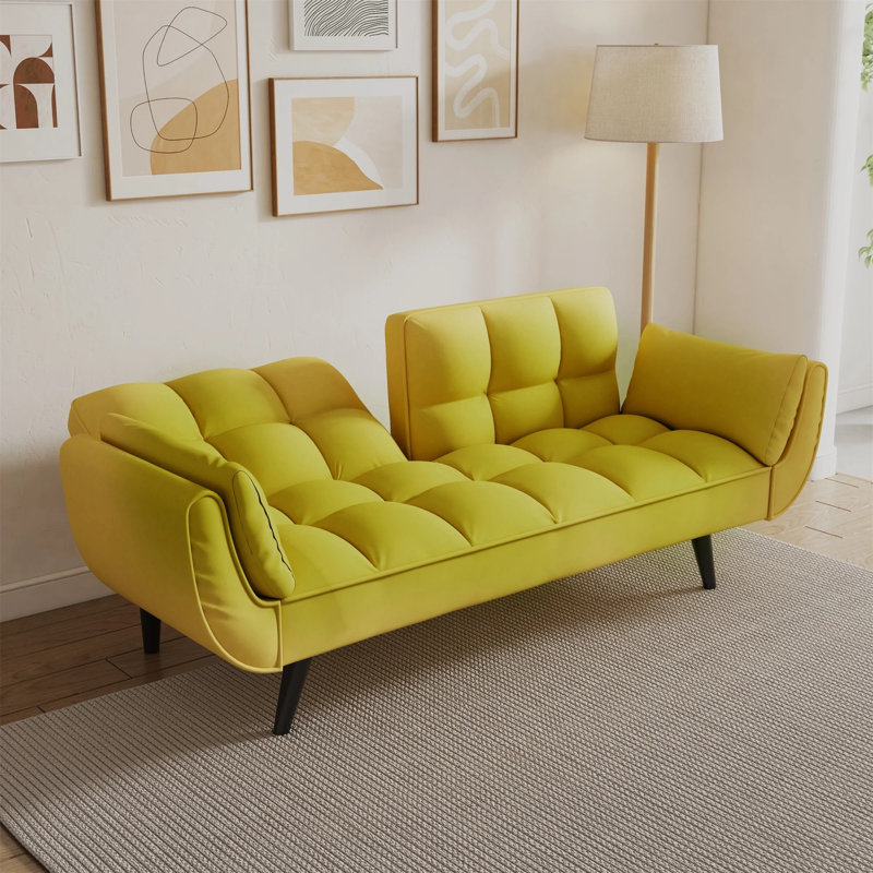Esung75" Grid Tufted Futon Convertible Sofa Bed for Home Office, 2 Arm Pillows, Velvet, Yellow Velvet