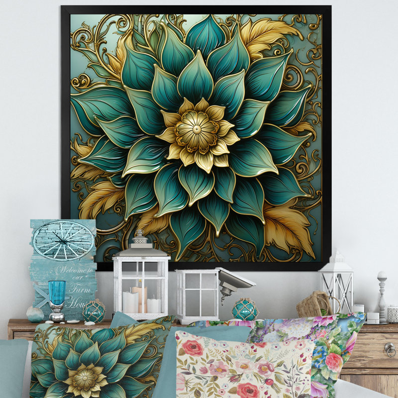 Mandala de fleur antique antique en sarcelle rétro - Boho Mandala, art mural sur toile, H 24 po x l 24 po x P 1 po