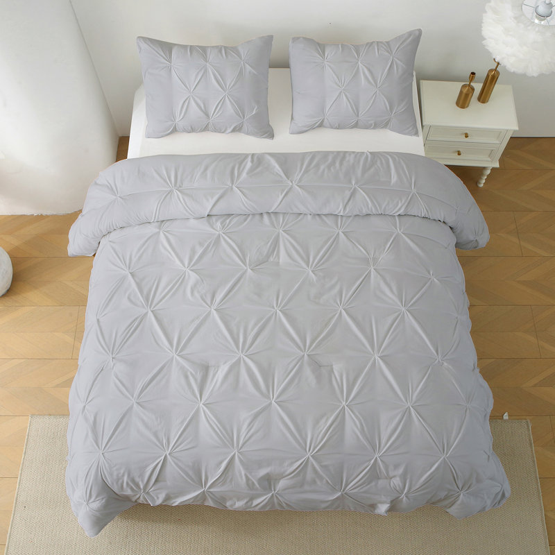Pleat Polyester 3-Piece Comforter Set, Gray, Queen Comforter + 2 Pillowcases