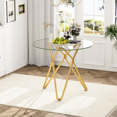 Table ronde en verre trempé doré de 35,4 pouces pour les réunions de famille et les petits espaces, café ou rassemblements à fonctions coulissantes, longue durée stable