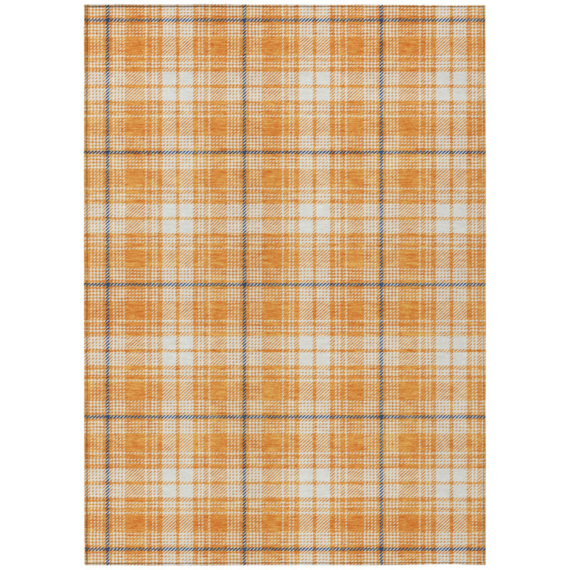 3' X 5' Orange Blue And Ivory Plaid Washable Indoor Outdoor Area Rug