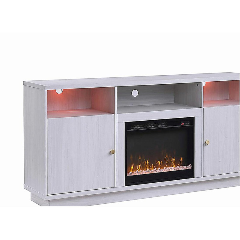 Console de meuble télé avec chauffeur, éclairage DEL, armoires, tablettes l 70 po Ambrogio, Blanc/noyer