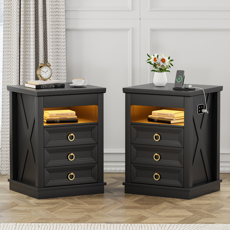 3-drawer Nightstand With Hidden Storage, Black