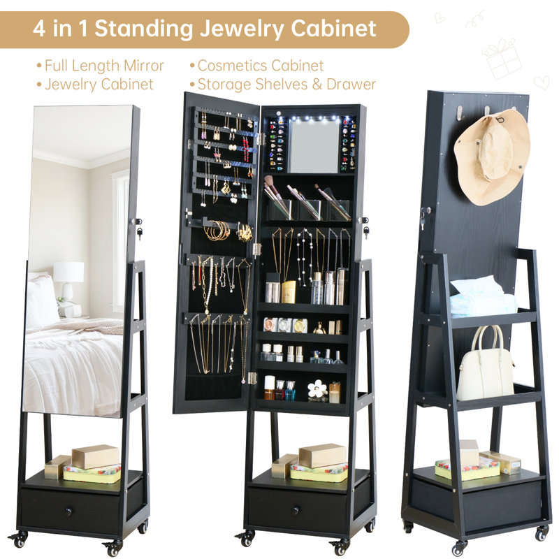 Armoire à bijoux avec miroir sur pied, miroir de rangement pleine longueur pour bijoux avec écran tactile et miroir de coiffeuse rotatif pour armoire à bijoux verrouillable avec roues de tiroir