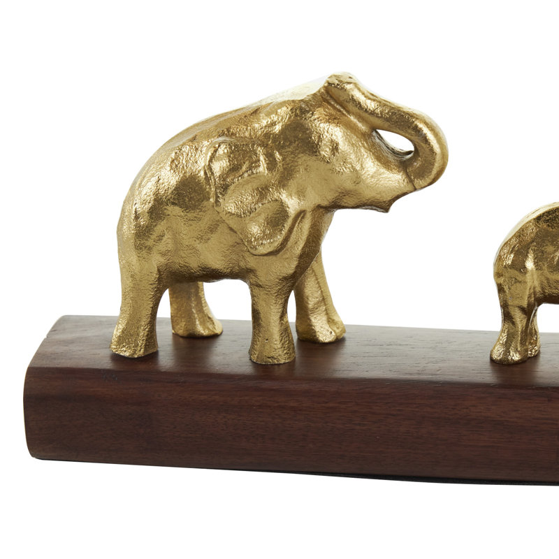 Seigle Aluminum Metal Elephant Decorative Gold Sculpture with Brown Wooden Base, 8" H x 29.85" W x 2.8" D