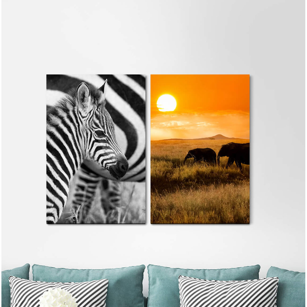 2-tlg. Leinwandbilder-Set Africa Zebras Elephants Sweet Cute Wilderness Sun