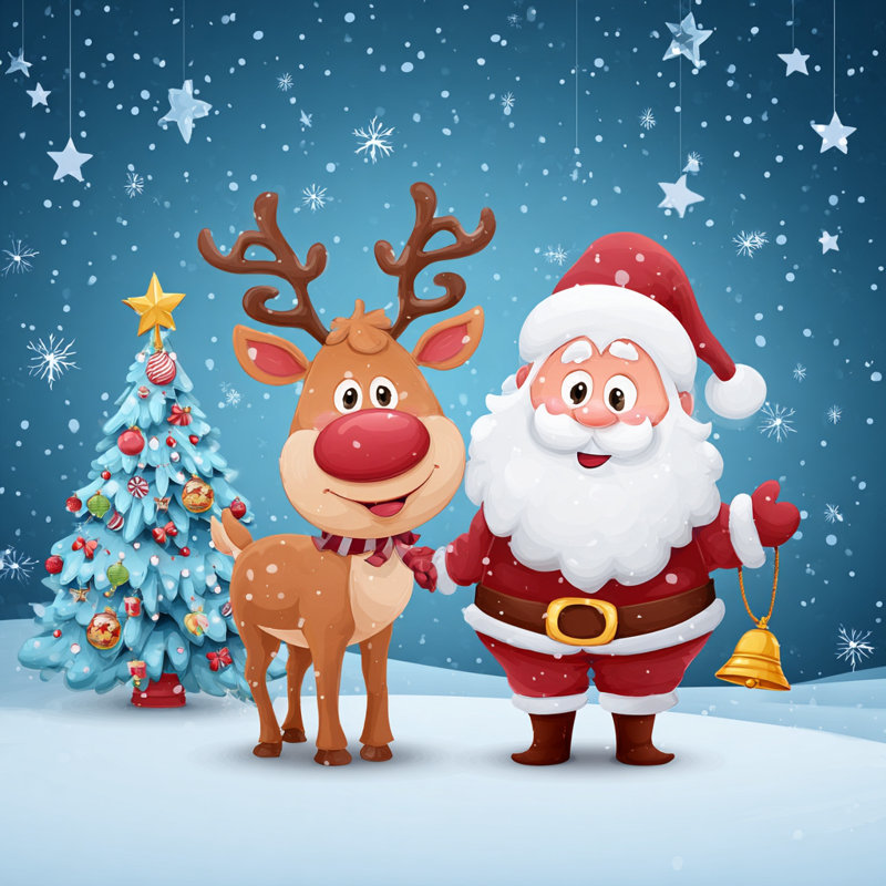 Toile enneigée père Noël et renne, H 20 po x l 20 po