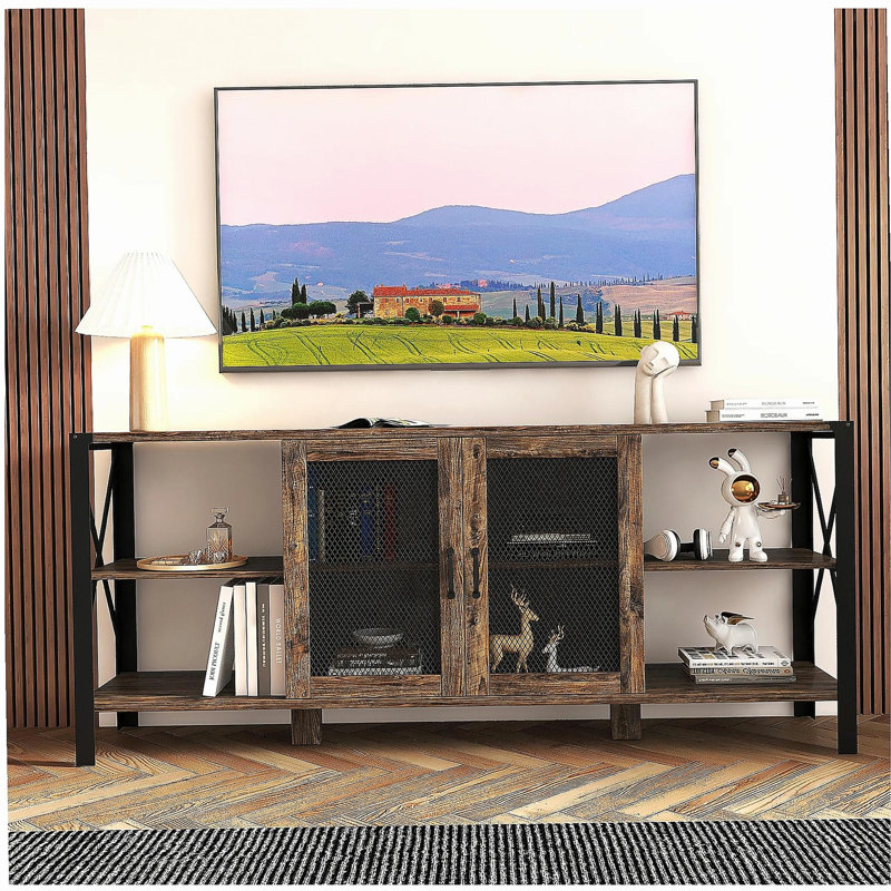 Rustic Style TV Cabinet for 80-inch TVs, modern flat wooden and metal open shelves, suitable for living rooms, Espresso