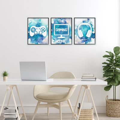 «Blue Gamer Splatters», ensemble de 3 giclées encadrées, design par Marcus Prime