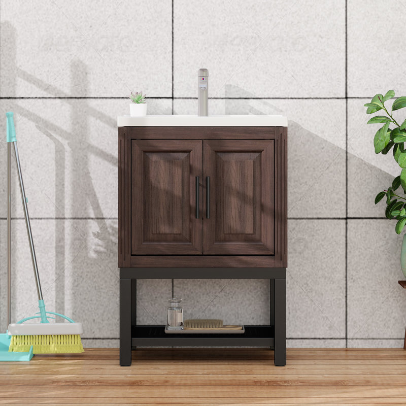 Meuble-lavabo 24 po avec lavabo en céramique blanc et robinet d'eau chaude et froide, armoire de salle de bain autoportante avec 2 portes de rangement et tablette ouverte en fer pour la salle de bain