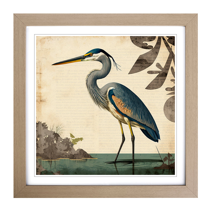 Heron Mid-Century - Framed Print, Oak