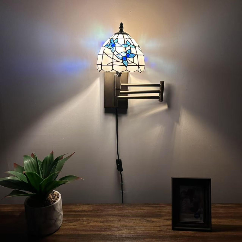 Tiffany Sconce Lamp Plug In Swing Arm Gold Stained Glass Crystal Beans LED Bulb 13”W*8”D*15”H