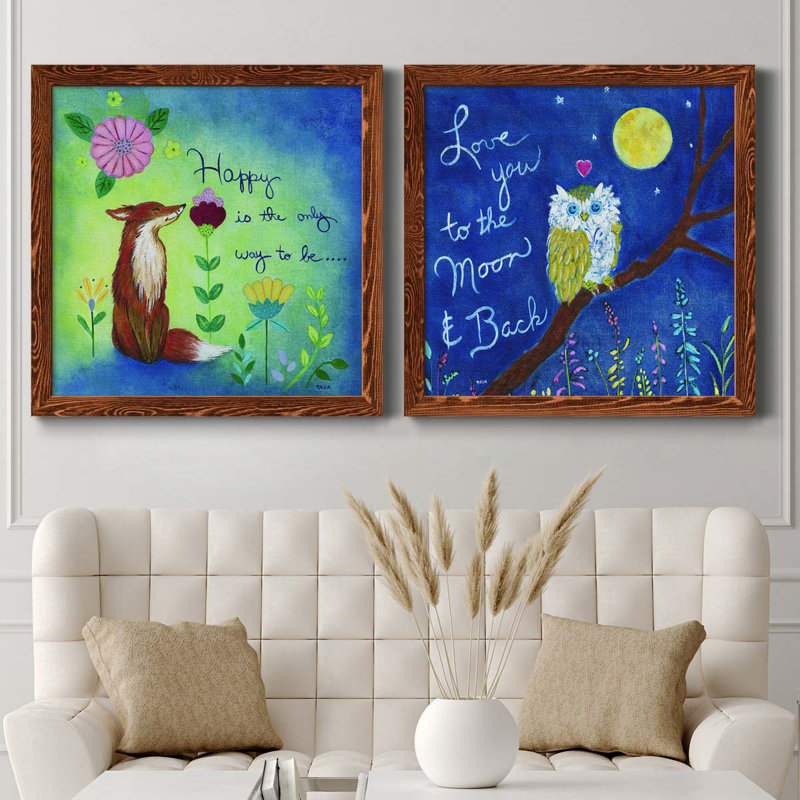 Happy Fox - Ensemble de 2 encadrements d'art textuel sur toile, H 71 po x l 35,5 po x P 1,5 po, Encadré de bois de noyer