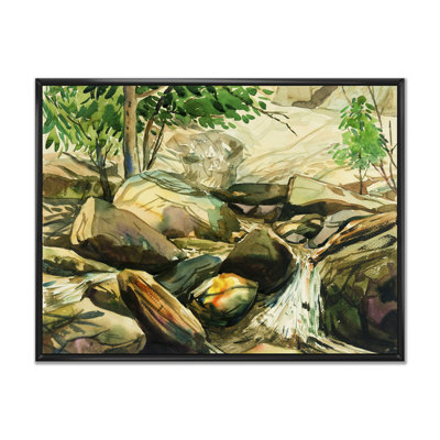Soleil asiatique sur pierre et rivière - reproduction sur toile flottante