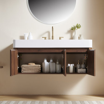 Meuble-lavabo LORAN 48 avec lavabo intégré, meuble de rangement suspendu, lavabo intégré en surface solide blanche brillante avec 3 trous pré-percés pour robinetterie, démonté, robinetterie et bonde non inclus, couleur noyer.
