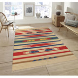 Tapis bleu / rouge / beige en coton tissé à plat Anatolian