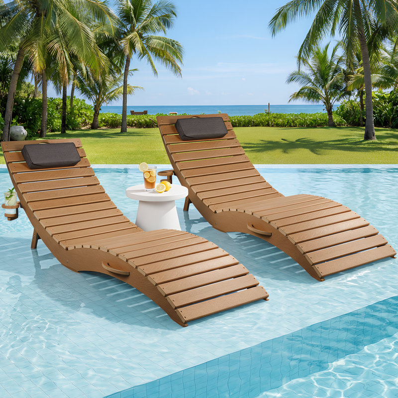 Foldable Brown Hdpe Outdoor Chaise Lounge Chairs (Set Of 2), 2 pcs, Brown