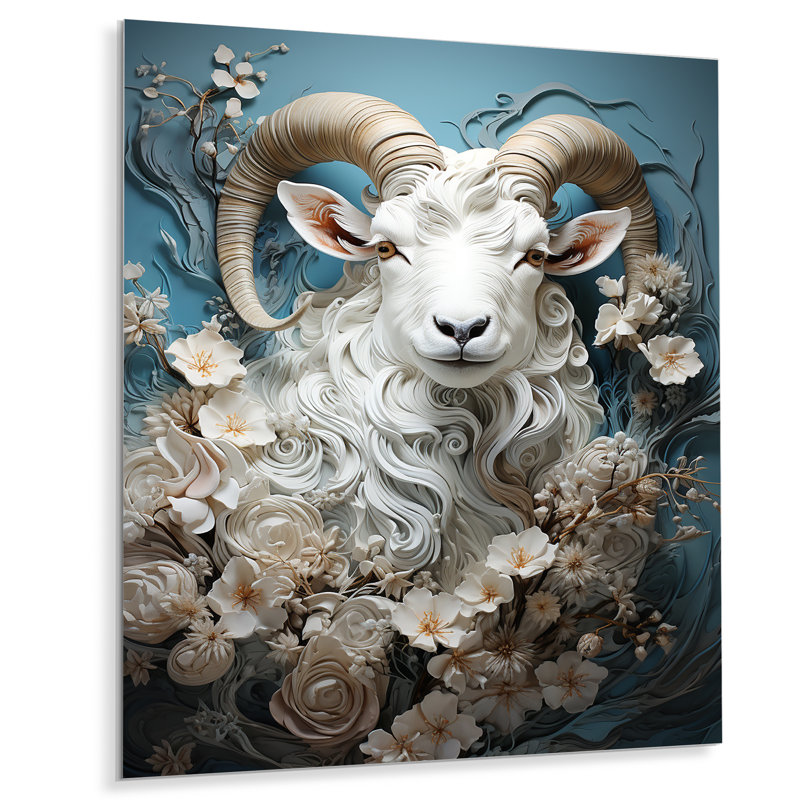 Blanc et bleu, portrait de chèvre rétro, art mural animal en métal, H 32 po x l 16 po x P 1 po