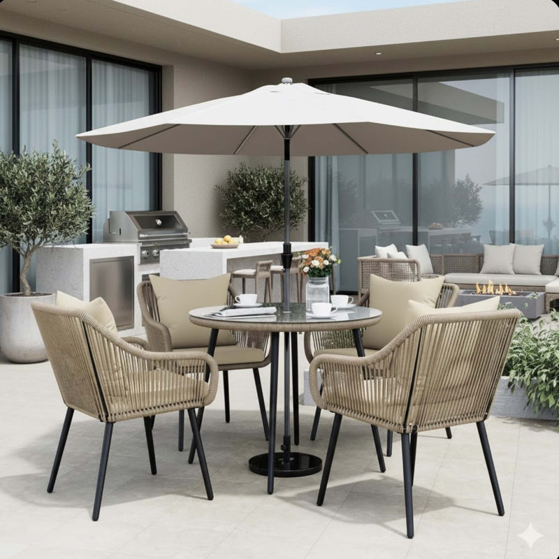 Ensemble de table de salle à manger 5 pièces en rotin et osier tressé avec trou pour parasol et coussins beiges