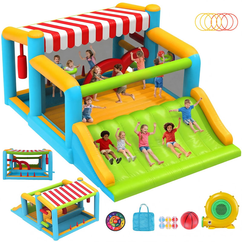 Grand château gonflable pour grands enfants 8-12, parcours gonflable d'obstacles pour enfants 3-6 x 16,5 pi avec glissade XXL, zone de saut, piscine d'eau, barres à obstacles, lancer d'anneaux, souffleur de 750 W, château gonflable extérieur pouvant accueillir 6 enfants