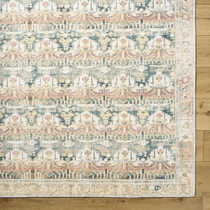 Alburgh Oriental Machine Woven Polyester Area Rug in White/Teal/Orange, Rectangle 6'7" x 9'