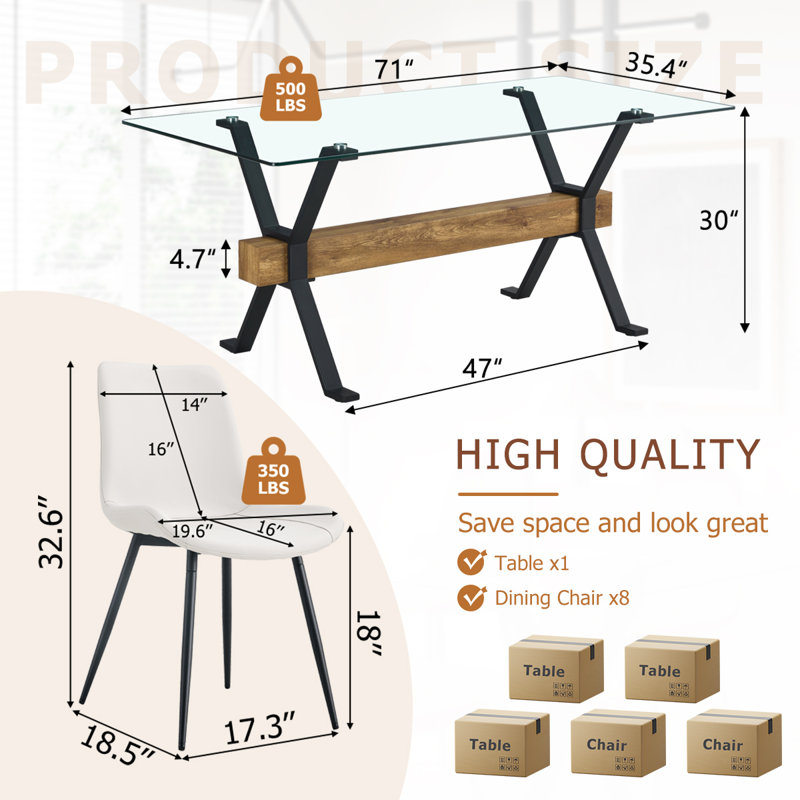 9-Piece Glass Top Dining Table Sets, White/Black