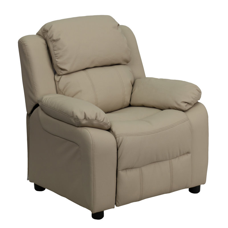 Degeorge Deluxe Padded Contemporary Kids Recliner with Storage Arms, Beige Vinyl