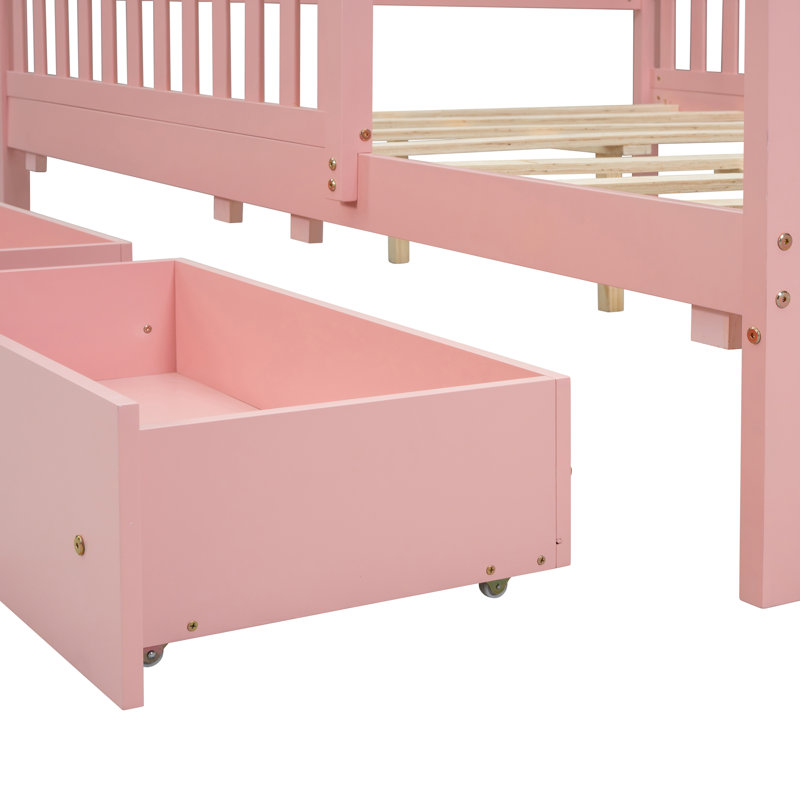 Structure de lit double avec tiroirs de rangement et garde-corps de sécurité des deux côtés, lit plateforme et tête de lit et pied de lit en bois pour enfants, garçons, Gills, support à lattes solides, aucun sommier nécessaire, rose