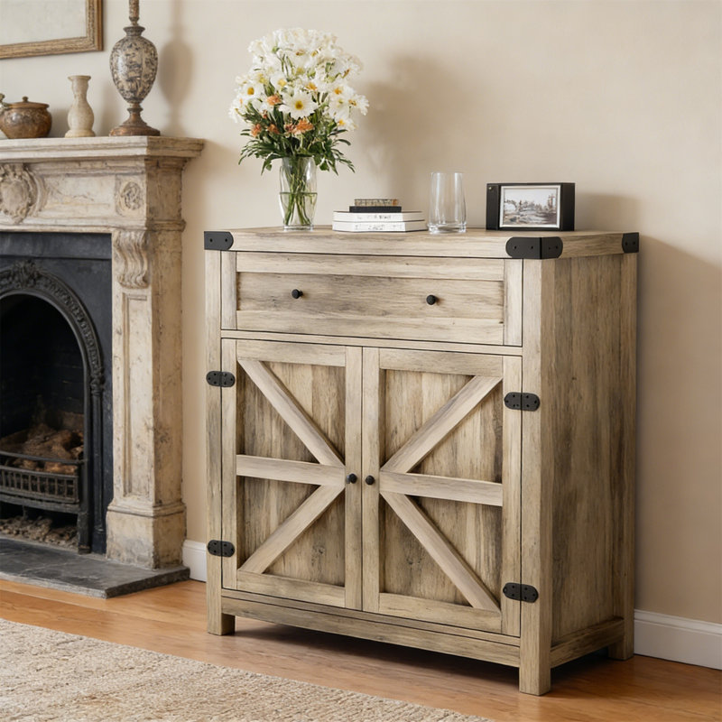Barn Door Coffee Cabinet Drawer/Shelf Wide Top Oak Kitchen, Oak