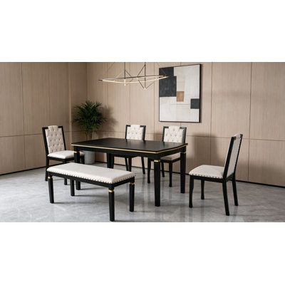 Collection de tables de salle à manger 6 pièces | Table de salle à manger rectangulaire de 60 pouces, 4 chaises capitonnées à haut dossier + 1 banc, idéal pour la cuisine et la salle à manger