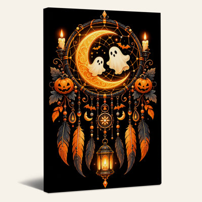 «Orange» et fantômes noirs sur croissant de lune, art mural sur toile d'Halloween