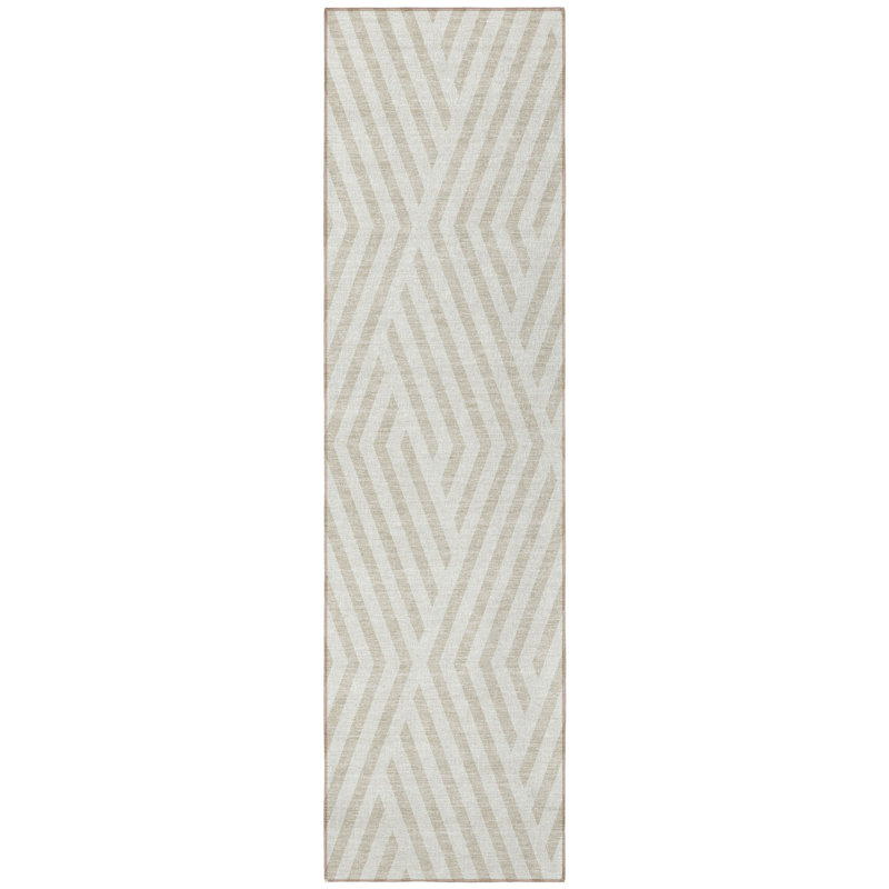 8' Runner Beige and Ivory Geometric Washable Non Skid Indoor Outdoor Runner Rug