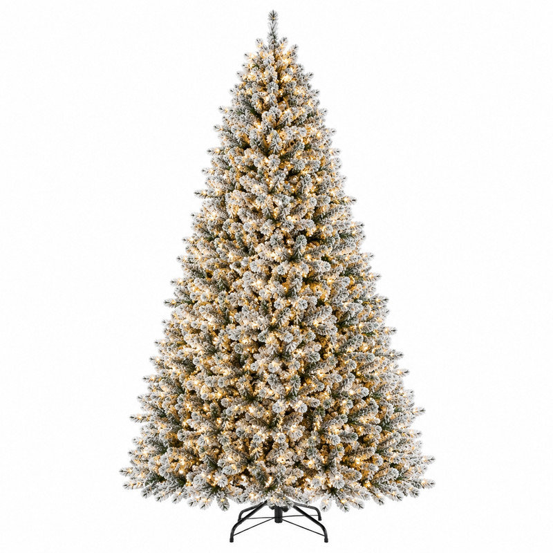 Arbre de Noël enneigé 8 pi, arbre de Noël artificiel pré-éclairé avec lumières DEL blanc chaud, profil enneigé complet pour la pièce maîtresse du salon