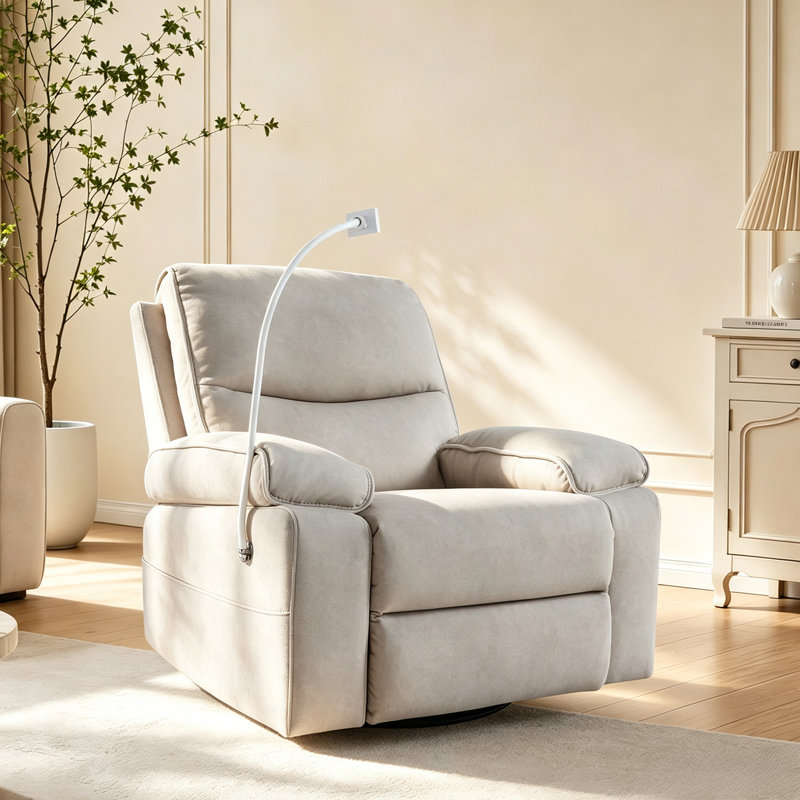 Fauteuil inclinable pivotant à bascule Anabella surdimensionné en velours avec support pour téléphone, fauteuil inclinable à bascule extra épais et rembourré, fauteuil lounge capitonné, beige, beige