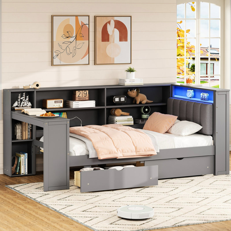 Wood Twin Platform Bed With Upholstered Headboard, Storage Shelves, 2 Drawers, Charging, Led And Desk, Grey Shade Blend Platform, Storage, Charging Station, Lights, Built - In Shaded Design